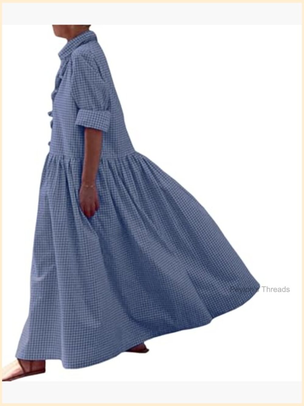 Women's Retro Plaid Button Down Maxi Shirt Dress Long Sleeve Gingham Swing Dress - Picture 2 of 5